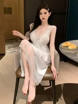 Женская ночная рубашка, романтическая, сетчатое кружево, плетение, рюши, подол, открытая спина Dazy, белый