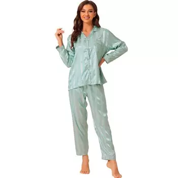 Женская ночная рубашка с брюками, атласная пижама для отдыха, мягкий пижамный комплект на пуговицах Cheibear, зеленый