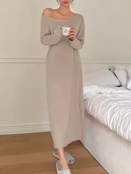 Женская ночная рубашка, с длинными рукавами, однотонная, широкого кроя, повседневная, длинная Dazy, хаки
