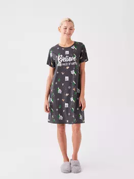 Женская ночная рубашка с короткими рукавами и круглым вырезом в новогоднем стиле LCW DREAM, антрацит печатный