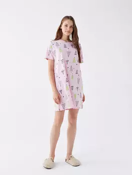 Женская ночная рубашка с короткими рукавами и круглым вырезом в новогоднем стиле LCW DREAM, светло-розовый с принтом