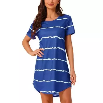 Женская ночная рубашка с круглым вырезом, полосатая ночная рубашка с коротким рукавом, ночная рубашка Cheibear, синий