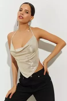 Женская новогодняя укороченная блузка золотого цвета с глубоким вырезом сзади B1985 Cool & Sexy, золотой