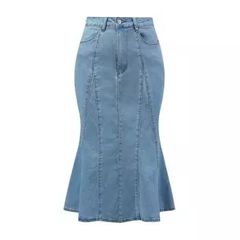 Женская облегающая джинсовая юбка миди с высокой талией на молнии и оборками по краю «рыбий хвост» ALLEGRA K, цвет Light Blue