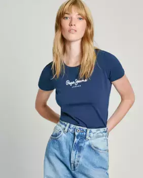 Женская облегающая футболка с напечатанным логотипом Pepe Jeans, тёмно-синий