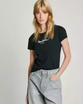 Женская облегающая футболка с напечатанным логотипом Pepe Jeans, чёрный