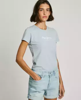 Женская облегающая футболка с напечатанным логотипом Pepe Jeans, голубой