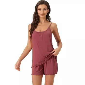 Женская одежда для дома, однотонные топы на бретельках с шортами, пижамные комплекты Cheibear, красный