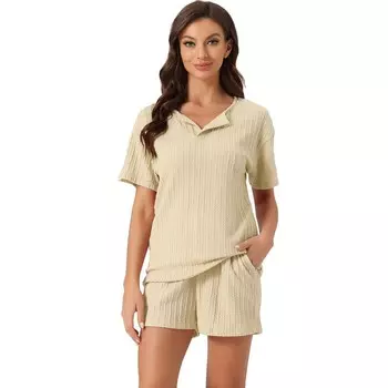 Женская одежда для отдыха с карманами, повседневные топы с короткими рукавами и шортами, пижамные комплекты Cheibear, цвет Khaki