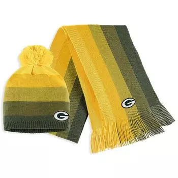 Женская одежда Erin Andrews Gold Green Bay Packers Комплект из вязаной шапки и шарфа с помпоном в стиле омбре