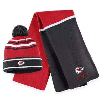 Женская одежда Erin Andrews Red Kansas City Chiefs Вязаная шапка с манжетами и цветными блоками, комплект с помпоном и шарфом