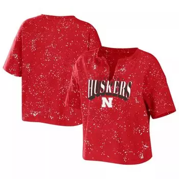 Женская одежда Erin Andrews Scarlet Nebraska Huskers Футболка с воротником Bleach Wash Splatter Notch