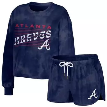 Женская одежда от Erin Andrews Темно-синий комплект для отдыха Atlanta Braves с укороченным пуловером и шортами с принтом тай-дай