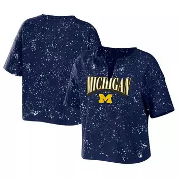 Женская одежда WEAR by Erin Andrews Темно-синяя футболка Michigan Wolverines Bleach Wash Splatter Notch Neck