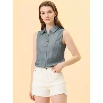 Женская однобортная рубашка без рукавов с острым воротником ALLEGRA K, белый