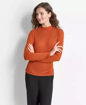 Женская однотонная блузка с длинными рукавами и воротником-стойкой со рюшами по бокам DKNY, оранжевый