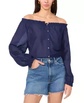 Женская однотонная блузка с открытыми плечами на пуговицах Vince Camuto, синий