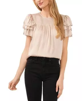 Женская однотонная блузка с присборенной кокеткой и рукавами с рюшами CeCe, тан/бежевый
