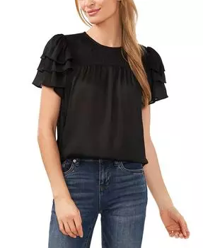 Женская однотонная блузка с присборенной кокеткой и рукавами с рюшами CeCe, серый