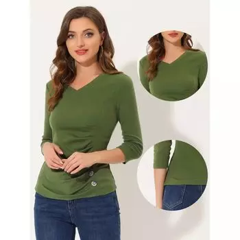 Женская однотонная блузка с V-образным вырезом и рукавами 3/4, вязаный топ с рюшами и пуговицами ALLEGRA K, коричневый