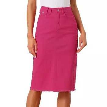 Женская однотонная джинсовая юбка с завышенной талией, джинсовые юбки средней длины с разрезом на спине ALLEGRA K, цвет Hot Pink