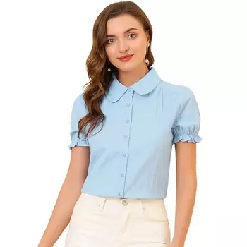 Женская однотонная хлопковая блузка с отложным воротником и оборками ALLEGRA K, цвет Light Blue