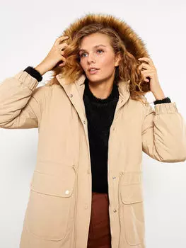 Женская однотонная парка с длинными рукавами и капюшоном LCW Casual