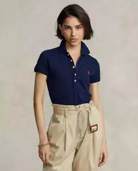Женская однотонная рубашка-поло облегающего кроя Polo Ralph Lauren, тёмно-синий