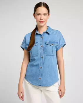 Женская однотонная рубашка с короткими рукавами синего цвета Lee, синий