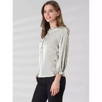 Женская офисная атласная блузка с рюшами на шее и пузырьковыми рукавами на эластичных манжетах и пуговицах ALLEGRA K, белый