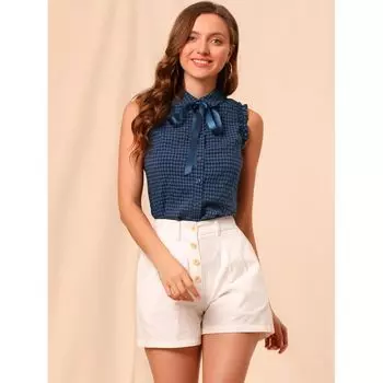 Женская офисная рубашка без рукавов с галстуком-бабочкой на шее и рюшами, блузка в клетку ALLEGRA K, черный