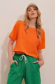 Женская оранжевая базовая укороченная футболка оверсайз с круглым вырезом и двойными рукавами Trend Alaat Stili, оранжевый