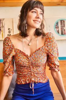 Женская оранжевая блузка из вискозной ткани со сборками и цветочным принтом Olalook, разноцветный