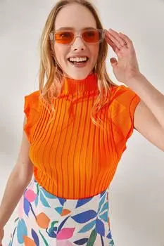 Женская оранжевая летняя трикотажная блузка с рукавами-бабочками Olalook, оранжевый