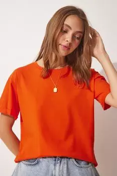 Женская оранжевая свободная трикотажная хлопковая футболка с круглым вырезом Happiness stanbul, оранжевый