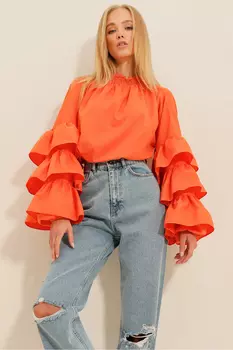 Женская оранжевая тканая блузка с воротником-водолазкой и воланами ALC-X9762 Trend Alaat Stili, оранжевый