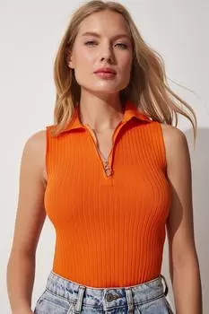 Женская оранжевая трикотажная блузка с воротником-поло на молнии Happiness stanbul, оранжевый