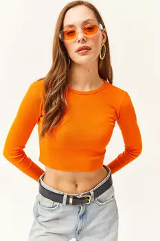 Женская оранжевая укороченная блузка с круглым вырезом Olalook, оранжевый