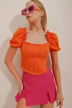 Женская оранжевая укороченная блузка с квадратным вырезом и арбузными рукавами Trend Alaat Stili, оранжевый