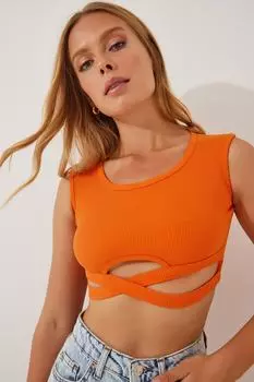 Женская оранжевая укороченная блузка с вырезами и шнуровкой Happiness stanbul, оранжевый