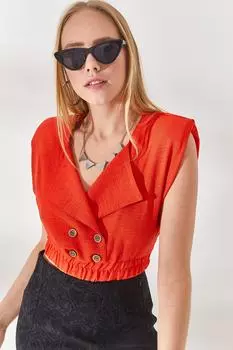 Женская оранжевая укороченная льняная блузка с воротником-стойкой Olalook, оранжевый
