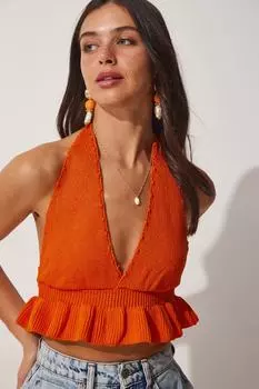 Женская оранжевая укороченная трикотажная блузка с бретелькой на шее Happiness stanbul, оранжевый