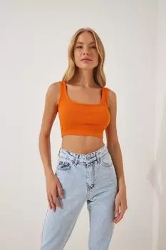 Женская оранжевая укороченная трикотажная блузка с бретелями Happiness stanbul, оранжевый