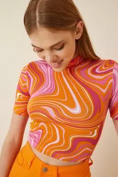 Женская оранжевая вискозная блузка с высоким воротником и узором Happiness stanbul, разноцветный