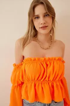 Женская оранжевая вязаная блузка со сборками и воротником-кармен с рюшами Happiness stanbul, оранжевый