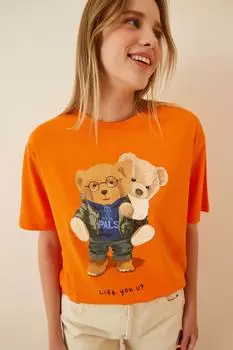 Женская оранжевая вязаная футболка оверсайз с принтом плюшевого мишки Happiness stanbul, оранжевый