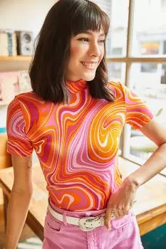 Женская оранжево-кремовая трикотажная блузка из вискозы с высоким воротником и мягкой текстурой Olalook, оранжевый