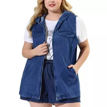 Женская осенняя джинсовая куртка без рукавов на молнии больших размеров с капюшоном Agnes Orinda, темно-синий