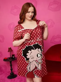 Женская пижама, большие размеры, красный, принт в виде сердца, мультяшный рисунок, кружевные манжеты, V-образный вырез, стиль casual, мода, одежда дома, осень Betty Boop X Shein, красный