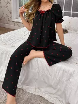 Женская пижама Cottage Slumber, пышный низ, квадратный вырез, узор в виде цветов вишни Shein, мультиколор